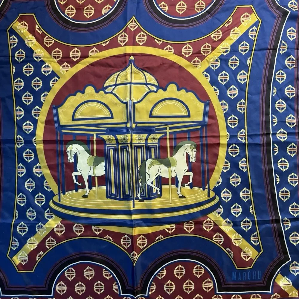 Equestrian Silk Scarf Horses Blue Burgundy 34” Carousel